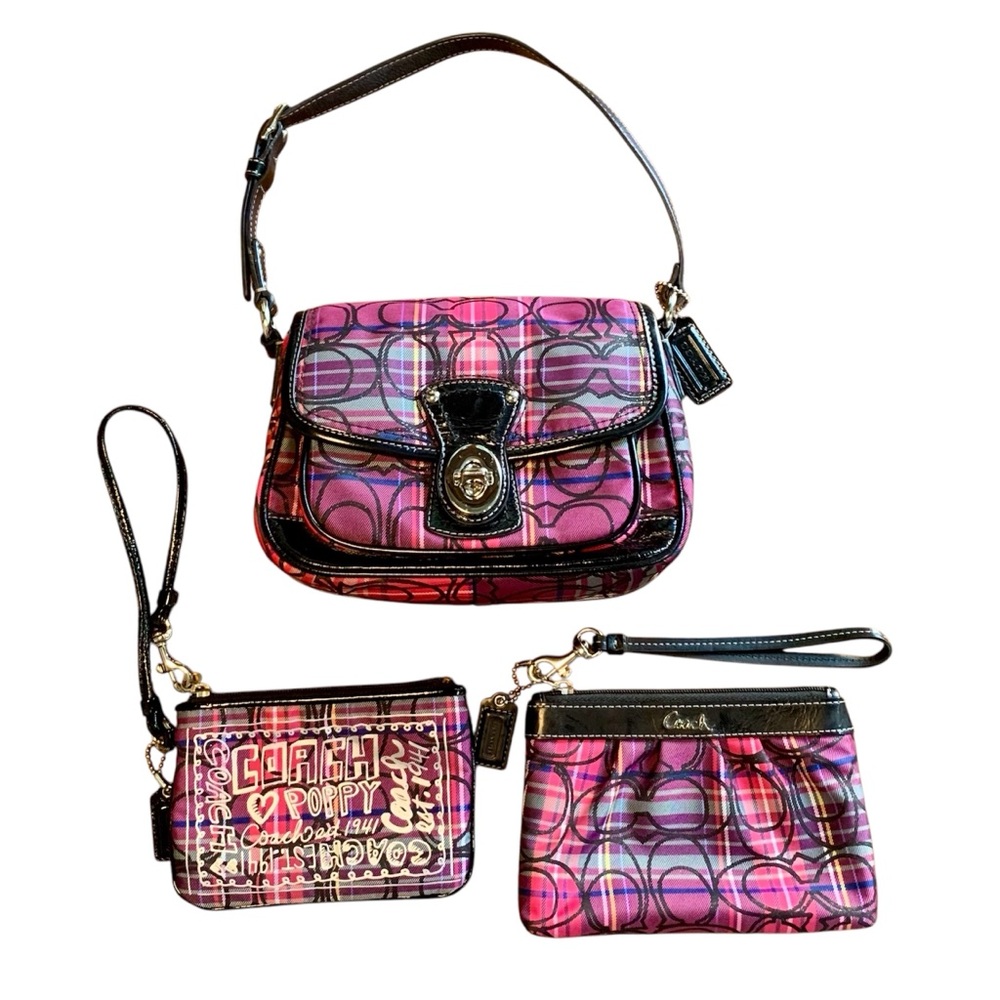Coach Poppy Purple Tartan Plaid Penny Flap glitter Shoulder Bag + 2 Wristlets